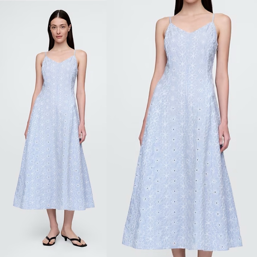 Gap Eyelet V Neck Midi Dress Blue White Stripe Embroidered Floral Cotton Medium